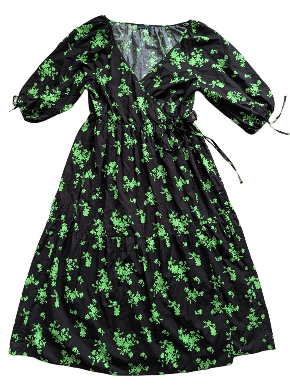 Asos Design Womens Black Green Floral Wrap Short Sleeve Midi Dress Size 8